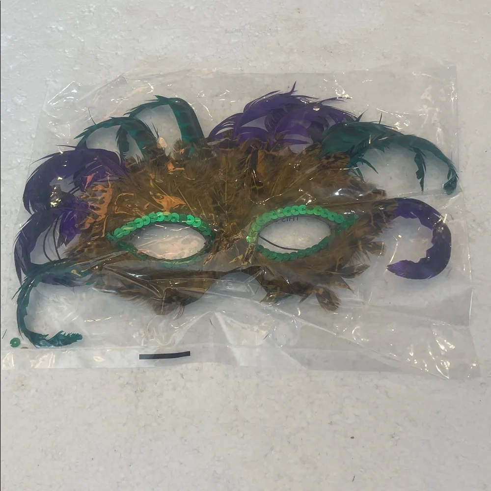 Feathered Masquerade Mask Green sequin Purple brown Halloween Mardi Gras cosplay